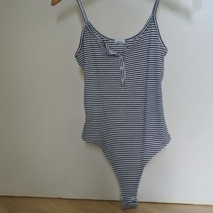 Garage ribbed striped Henley style thong bodysuit